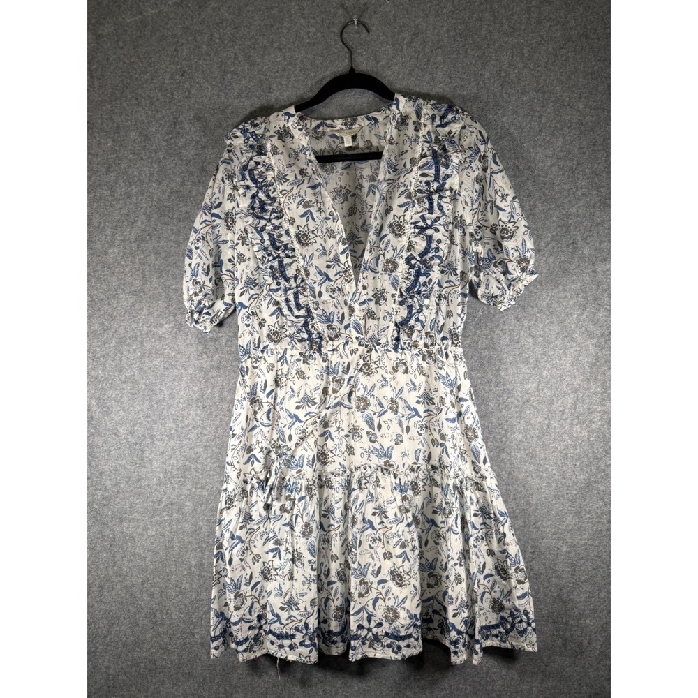 Lucky Brand Blue White Floral Ruffle Tiered Mini Dress Small V-Neck Puff Sleeve - Picture 2 of 8
